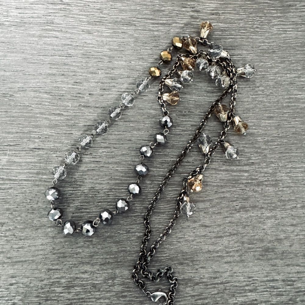 Sparkly Gold Silver Iridescent Beaded Long Accent Necklace